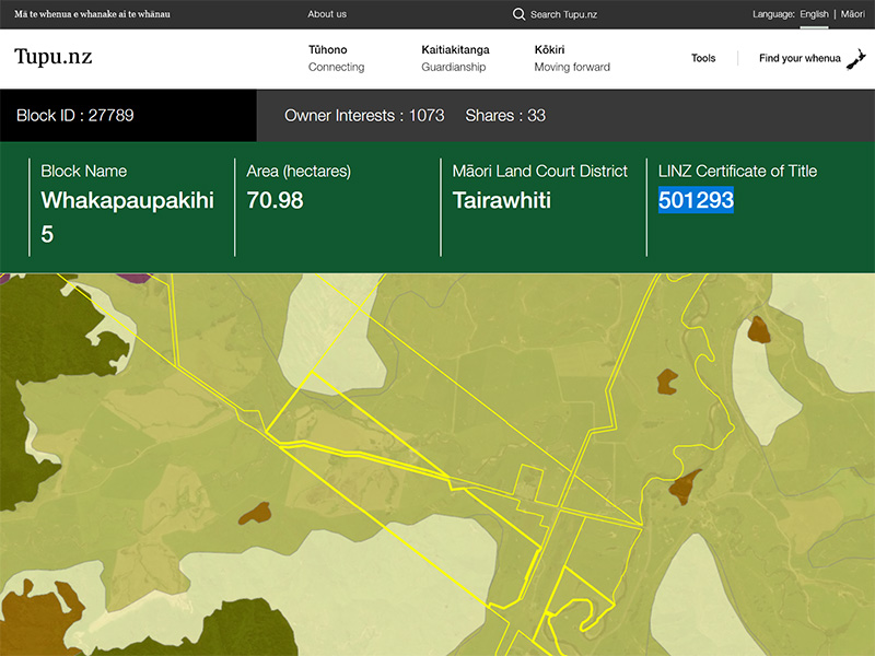 A screenshot of the Tupu.nz Māori land block web map.