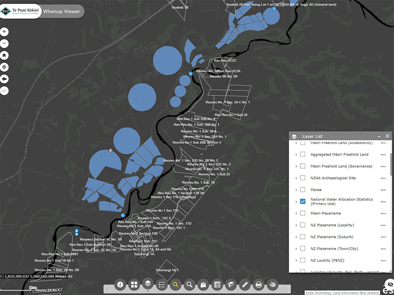 Screenshot of Tōku Whenua water mapping tool.