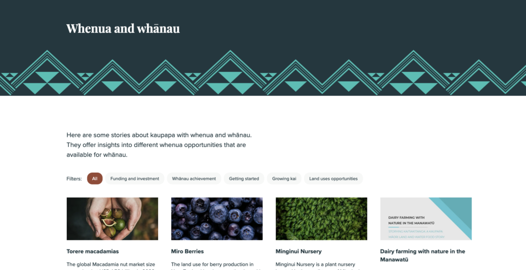 Screenshot of Matarau.nz website Whenua and whānau section that contains case studies and factsheets for land owners