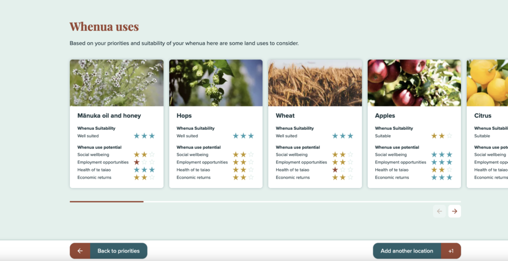 Screenshot of Matarau.nz website showing Whenua uses and their suitability