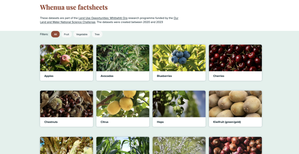 Screenshot of Whenua use factsheets section of Matarau.nz website